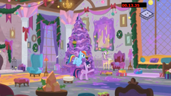 Size: 1280x720 | Tagged: safe, derpibooru import, screencap, rainbow dash, spike, twilight sparkle, twilight sparkle (alicorn), alicorn, dragon, pegasus, pony, the hearth's warming club, boomerang (tv channel), female, hearth's warming tree, male, mare, slime, winged spike