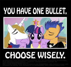 Size: 600x563 | Tagged: safe, artist:ponymaan, derpibooru import, flash sentry, prince blueblood, twilight sparkle, twilight sparkle (alicorn), alicorn, bluesentry, brad, bronybait, drama bait, flashlight, gay, male, op is trying to start shit, shipping, straight, text, twiblood