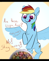 Size: 1015x1281 | Tagged: safe, artist:4th, derpibooru import, rainbow dash, oc, oc:anon, pegasus, pony, chest fluff, descriptive noise, eyes on the prize, fruit loops, lööps, meme, tongue out