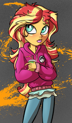 Size: 703x1200 | Tagged: safe, artist:lordfunkyfist, artist:serge-stiles, sunset shimmer, equestria girls, clothes, drink, female, hoodie, long hair, pants, solo, straw, tongue out