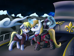 Size: 1280x960 | Tagged: safe, artist:elmutanto, derpy hooves, prince blueblood, pegasus, pony, fanfic:where is my love?, airship, alternate universe, armor, clothes, coat, derpblood, fanfic, fanfic art, female, levitation, magic, male, mare, mountain, mountain range, night, prince blueblood gets all the mares, romance, shipping, straight, telekinesis