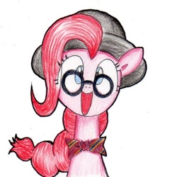 Size: 600x600 | Tagged: safe, artist:unousaya, pinkie pie, earth pony, pony, bowtie, glasses, hat, simple background, solo, traditional art