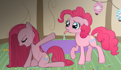 Size: 1022x598 | Tagged: safe, artist:momo, pinkie pie, earth pony, pony, crying, cute, diapinkes, duality, incorrect leg anatomy, noisemaker, pinkamena diane pie