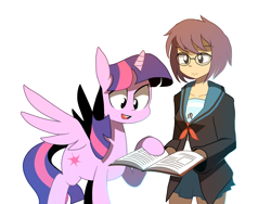 Size: 1280x960 | Tagged: safe, artist:karzahnii, derpibooru import, twilight sparkle, twilight sparkle (alicorn), alicorn, human, pony, book, crossover, female, glasses, mare, melancholy of haruhi suzumiya, nagato yuki