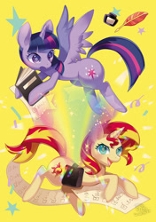 Size: 600x851 | Tagged: safe, artist:jannel300, sunset shimmer, twilight sparkle, twilight sparkle (alicorn), alicorn, pony, book, duo, female, mare, quill, saddle bag, smiling, spread wings, wings