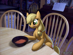 Size: 900x674 | Tagged: safe, artist:weirdofish, applejack, earth pony, pony, applesauce, delicious, irl, licking, licking lips, photo, ponies in real life, solo, tongue out