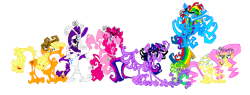 Size: 8126x3085 | Tagged: safe, artist:shmelluloidstudios, derpibooru import, applejack, fluttershy, pinkie pie, rainbow dash, rarity, spike, twilight sparkle, twilight sparkle (alicorn), alicorn, dragon, earth pony, pegasus, pony, unicorn, female, mane seven, mane six, mare, nightmare fuel, stylized, wat