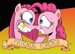 Size: 1024x737 | Tagged: safe, artist:pony-berserker, pinkie pie, earth pony, pony, duality, gold tooth, old banner, pinkamena diane pie