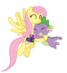 Size: 1097x1184 | Tagged: safe, artist:majkashinoda626, fluttershy, spike, dragon, pegasus, pony, female, flutterspike, hug, male, present, shipping, spikelove, straight