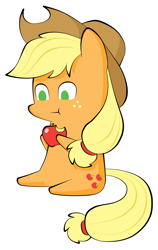 Size: 3163x5000 | Tagged: safe, artist:batonya12561, applejack, earth pony, pony, :t, apple, chibi, eating, hat, simple background, sitting, solo, style emulation