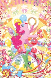 Size: 550x843 | Tagged: safe, artist:skimlines, gummy, pinkie pie, earth pony, parasprite, pony, balancing, ball, balloon, confetti, cymbals, daily deviation, drums, happy, jar, maracas, musical instrument, open mouth, party cannon, streamers, tambourine