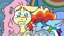 Size: 850x476 | Tagged: safe, artist:scenesonic, derpibooru import, fluttershy, rainbow dash, pegasus, pony, tanks for the memories, clothes, crying, dialogue, duo, duo female, female, mare, rainbow dash's house, sad, scene interpretation