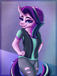 Size: 1500x2000 | Tagged: safe, artist:midnightsix3, starlight glimmer, anthro, unicorn, equestria girls, mirror magic, spoiler:eqg specials, beanie, clothes, equestria girls outfit, female, hat, mare, pants, shirt, smiling, solo, vest