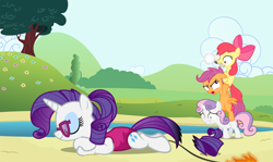 Size: 4929x2935 | Tagged: safe, artist:zacatron94, apple bloom, rarity, scootaloo, sweetie belle, pony, unicorn, beach, burned, clothes, cutie mark crusaders, fire, glasses, imminent spanking, magnifying glass, now you fucked up, one-piece swimsuit, show accurate, sleeping, swimsuit, this will end in pain, this will end in tears, this will end in tears and/or death, this will end in tears and/or death and/or covered in tree sap, this will not end well, tower of pony, tree sap and pine needles, you dun goofed