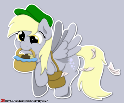 Size: 1350x1125 | Tagged: safe, artist:ljdamz1119, derpy hooves, pegasus, pony, basket, female, food, hat, mail, mailmare, mare, mouth hold, muffin, solo