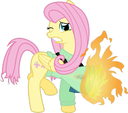 Size: 5890x5208 | Tagged: safe, artist:0nautile18e26, fluttershy, pegasus, pony, absurd resolution, bioshock, bottomless, camera, clothes, crossover, devil's kiss, fire, incinerate!, jack ryan, partial nudity, plasmid, simple background, solo, sweater, sweatershy, transparent background, vector