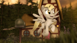 Size: 2560x1440 | Tagged: safe, artist:redaceofspades, derpy hooves, pegasus, pony, 3d, female, happy, house, mailbox, mare, solo, source filmmaker