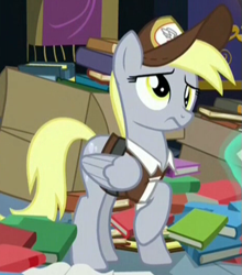 Size: 469x534 | Tagged: safe, screencap, derpy hooves, pegasus, pony, to where and back again, book, cropped, female, frown, levitation, magic, mailmare, mare, raised hoof, solo, solo focus, telekinesis, worried