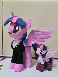 Size: 1536x2048 | Tagged: safe, artist:nekokevin, twilight sparkle, twilight sparkle (alicorn), alicorn, pony, 4de, clothes, duality, female, irl, jacket, mare, open mouth, photo, plushie, size difference, smiling, socks, spread wings, starlight's little twibird, striped socks, wings