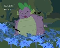 Size: 1000x800 | Tagged: safe, artist:fishinabarrrel, spike, dragon, big belly, dialogue, everfree forest, flower, forest, help, inflation, poison joke, poison joke field