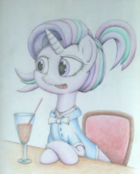 Size: 2640x3274 | Tagged: safe, artist:itchystomach, starlight glimmer, pony, unicorn, alternate hairstyle, clothes, jewelry, necklace, sitting, traditional art