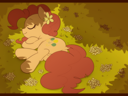 Size: 1024x768 | Tagged: safe, artist:umeguru, pinkie pie, earth pony, pony, dock, eyes closed, female, flower, flower in hair, grass, mare, shade, sleeping, smiling, solo, strategically covered, tail censor