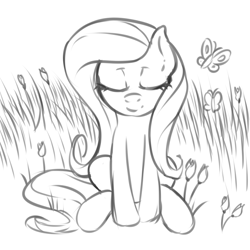 Size: 1000x1000 | Tagged: safe, artist:fearingfun, derpibooru import, fluttershy, butterfly, pegasus, pony, monochrome, sketch, solo