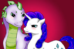 Size: 1458x960 | Tagged: safe, artist:clasinta, rarity, spike, dragon, pony, unicorn, female, male, older, older spike, shipping, sparity, straight