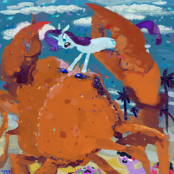 Size: 1000x1000 | Tagged: safe, artist:cygaj, derpibooru import, rarity, spike, twilight sparkle, crab, dragon, pony, unicorn, rarity fighting a giant crab