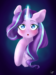 Size: 768x1024 | Tagged: safe, artist:skattle88, starlight glimmer, pony, unicorn, blushing, glowing horn, solo