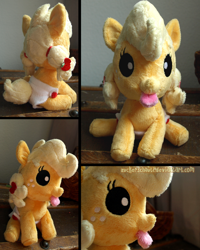 Size: 800x1000 | Tagged: safe, artist:zuckerschnuti, applejack, baby, irl, photo, plushie, tongue out