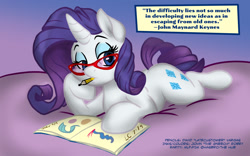 Size: 1280x800 | Tagged: safe, artist:latecustomer, artist:the_gneech, rarity, pony, unicorn, drawing, glasses, mouth hold, pencil, prone, quote, solo