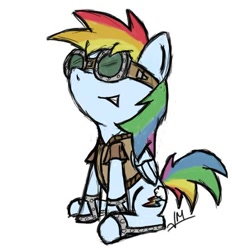 Size: 500x539 | Tagged: safe, artist:askrainbowdashstuff, derpibooru import, rainbow dash, pegasus, pony, goggles, sitting, solo, steampunk