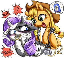 Size: 600x550 | Tagged: safe, artist:nekubi, applejack, rarity, cow, earth pony, pony, unicorn, blushing, ear tag, female, implied milking, lesbian, nose ring, raricow, rarijack, shipping