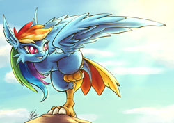 Size: 2046x1447 | Tagged: safe, artist:lovelyneckbeard, derpibooru import, part of a set, rainbow dash, monster girl, harpy, harpydash, monster mare, solo, species swap, tail feathers