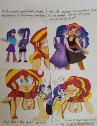 Size: 1280x1659 | Tagged: safe, artist:missmayaleanne, sci-twi, sunset shimmer, twilight sparkle, equestria girls, >:3, alternate costumes, alternate hairstyle, blushing, clothes, cute, dancing, dress, eyes closed, female, lesbian, polyamory, scitwishimmer, shipping, sunset twiangle, sunsetsparkle, traditional art, trans girl, transgender, twiabetes, twitwi, twolight