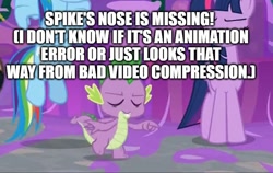 Size: 744x471 | Tagged: safe, derpibooru import, editor:useraccount, screencap, rainbow dash, spike, twilight sparkle, twilight sparkle (alicorn), alicorn, dragon, pegasus, pony, the hearth's warming club, animation error, eyes closed, great moments in animation, image macro, male, meme, no nose, slime, solo focus