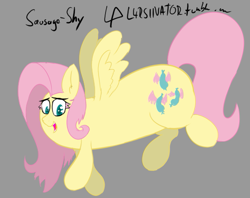 Size: 571x453 | Tagged: safe, fluttershy, food pony, original species, bloop, flying, i dont even, sausage, sausage pony, solo