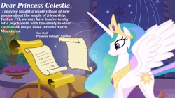 Size: 1366x768 | Tagged: safe, princess celestia, alicorn, pony, the cutie map, dear princess celestia, letter, solo