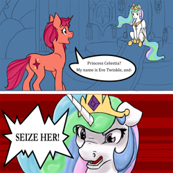 Size: 1000x1000 | Tagged: safe, artist:geomancing, princess celestia, oc, oc:eve twinkle, alicorn, pony, comic, nose wrinkle