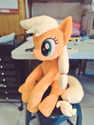 Size: 768x1024 | Tagged: safe, artist:nekokevin, applejack, earth pony, pony, female, freckles, irl, mare, photo, plushie, sitting, smiling, solo, table