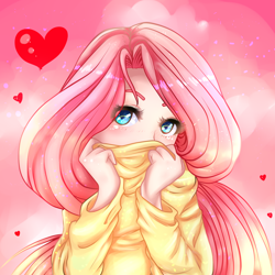 Size: 2000x2000 | Tagged: safe, artist:brizeydablackpanther, fluttershy, human, clothes, heart, humanized, shy, solo, sweater, sweatershy