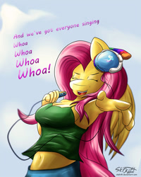 Size: 800x1000 | Tagged: safe, artist:sikdrift, fluttershy, anthro, armpits, headphones, misery business, paramore, solo, song reference