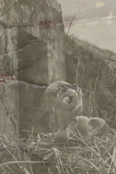 Size: 2362x3543 | Tagged: safe, artist:onlyfactory, sunset shimmer, arch, bootleg, grass, irl, photo, plushie, sepia, smiling