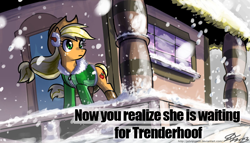 Size: 1024x585 | Tagged: safe, artist:johnjoseco, edit, applejack, earth pony, pony, simple ways, clothes, female, house, mare, shipping, snow, solo, text, trenderjack