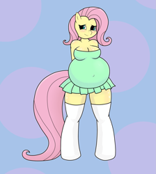 Size: 1085x1213 | Tagged: safe, artist:funble, fluttershy, anthro, unguligrade anthro, belly, big belly, clothes, dress, looking at you, preggoshy, pregnant, pregnant expansion, solo