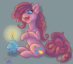 Size: 900x800 | Tagged: safe, artist:goldenfox, pinkie pie, earth pony, pony, cupcake, signature, simple background, solo