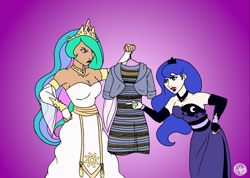 Size: 1126x800 | Tagged: safe, artist:subduedmoon, princess celestia, princess luna, human, annoyed, argument, cleavage, clothes, dress, female, frown, glare, hair over one eye, humanized, pointing, white and gold or black and blue dress meme