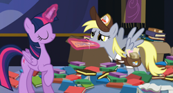 Size: 1850x1000 | Tagged: safe, screencap, derpy hooves, twilight sparkle, twilight sparkle (alicorn), alicorn, pony, to where and back again, book, clothes, letter, magic, mouth hold, raised hoof, saddle bag