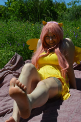 Size: 1024x1540 | Tagged: safe, artist:tikkanii, fluttershy, human, barefoot, cosplay, feet, foot focus, irl, irl human, photo, soles, solo, tattoo